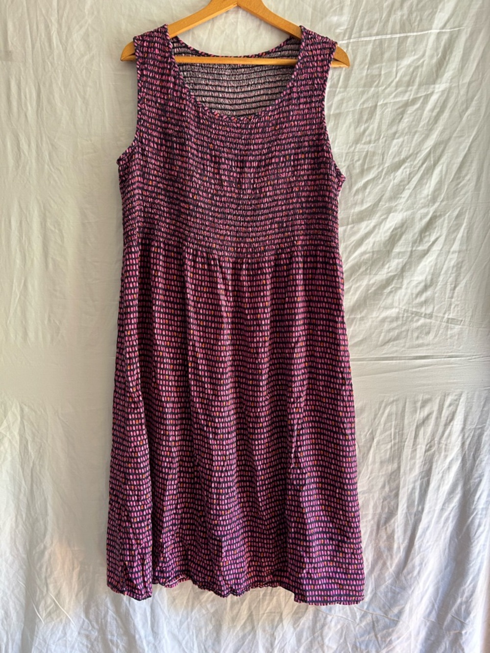 Vintage 90s Cottagecore Smocked Midi Dress | Pink Purple Dotted Sundress